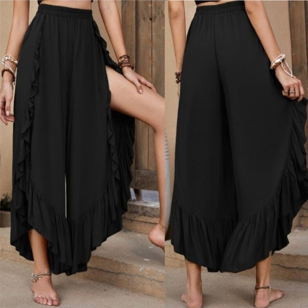 Ruffle Hem Wide Leg Pants black